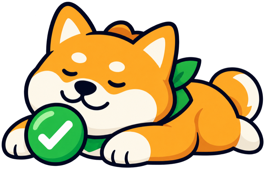 A content, sleeping shiba inu resting a paw on a green approval checkmark badge